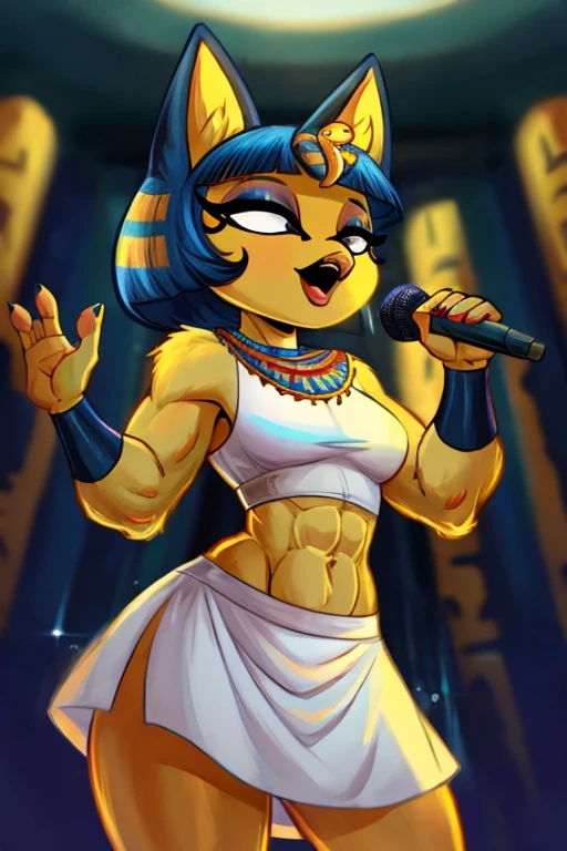 ((best quality)), ((masterpiece)), (detailed), Ankha with abs wearing a crop top of her white sleeveless dress with white dress skirt, she is singing with her microphone