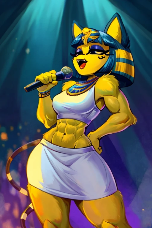 ((best quality)), ((masterpiece)), (detailed), Ankha with abs wearing a crop top of her white sleeveless dress with white dress skirt, she is singing with her microphone 