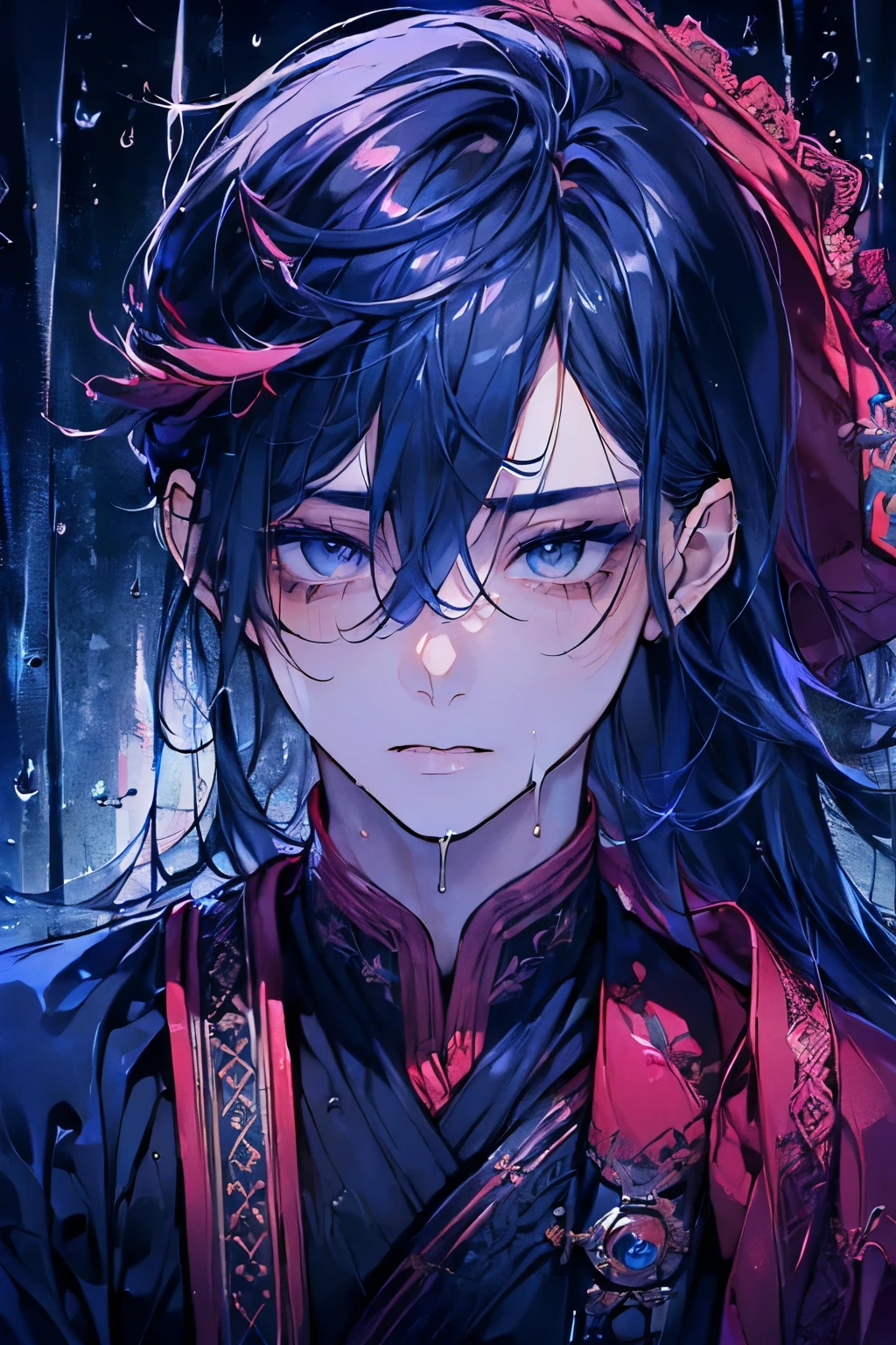 ((male:1.5)),(forhead mark),((NAVY hair)),((rainy:1.2)),(Glossy lips:1.2),(nsfw:1.0),((high quality:1.2)),((perfect graphic:1.2)),((beautiful image:1.2)),((high resolution:1.2)),blush,(marine:1.2),((Wet Hair:1.3)),((perfect hand:1.0)),(kiss me:1.35),Falling into Pleasure,(Arabian costumes:1.25)