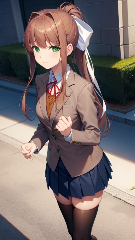 ddlcmonika, ddlcmonika, blunt bangs, brown hair, (green eyes:1.5), long hair, ponytail, ribbon, white ribbon, hair ribbon, sidelocks,
BREAK black thighhighs, blue skirt, brown jacket, jacket, long sleeves, mary janes, over-kneehighs, pleated skirt, , shoes, skirt, thighhighs, zettai ryouiki
BREAK looking at viewer smiling,
BREAK in the park, summer
BREAK (masterpiece:1.2), best quality, high resolution, unity 8k wallpaper, (illustration:0.8), (beautiful detailed eyes:1.6), extremely detailed face, perfect lighting, extremely detailed CG, (perfect hands, perfect anatomy),