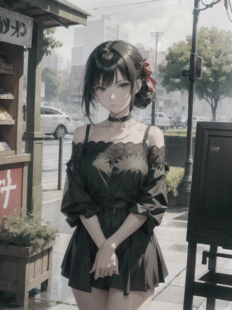 best quality, ultra-detailed, high resolution, extremely detailed cg, anime style, 8k, nice hands, perfect hands, perfect body, (green eyes), (black hair up to shoulder), drill hair, ribbon, beautiful eyes,wet clothes, short red dress, detailed and beautiful face and eyes, ((shiny skin)), shiny hair, (detailed and beautiful shiny clothes, under a kiosk, in a square, waiting for rain to pass,overcast sky, rainy day