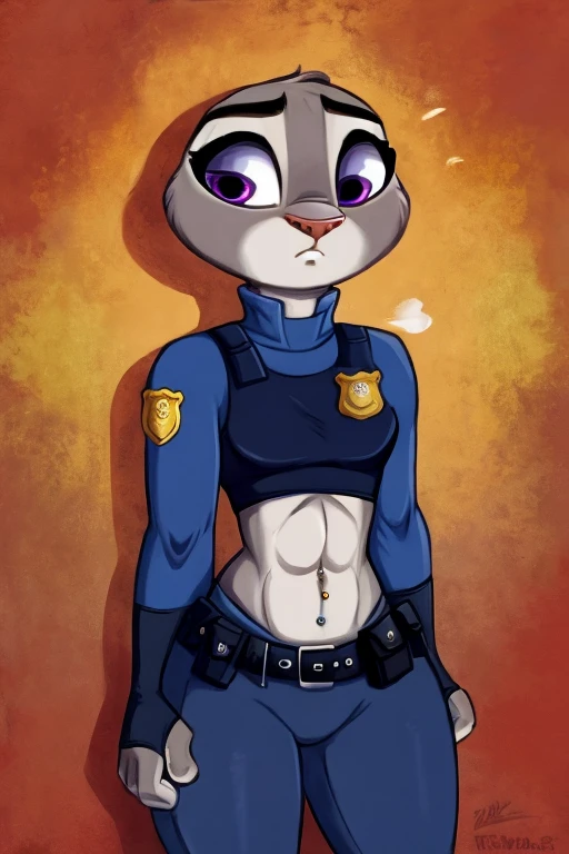 ((best quality)), ((masterpiece)), (detailed), Judy hoops with sunglasses and abs wearing a crop top of her long sleeve police uniform, navel piercing, she is nervous