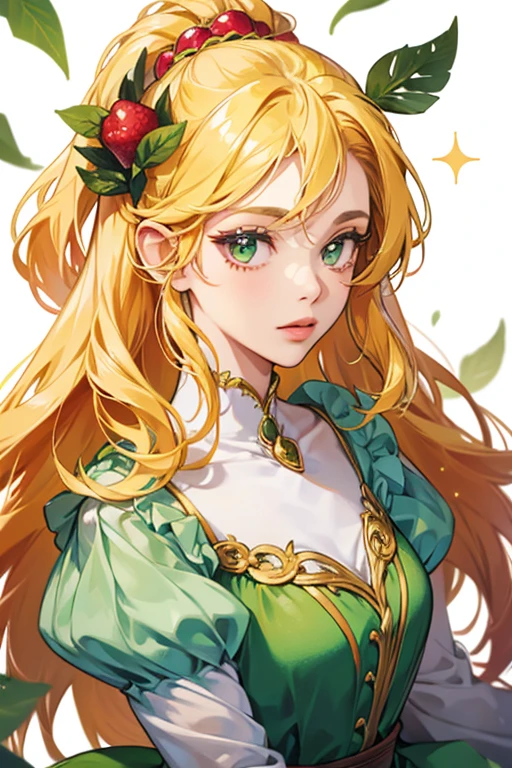 She looks like a berry. She has yellow hair and a dark green leaf on top. SPARKLE; GLITTER