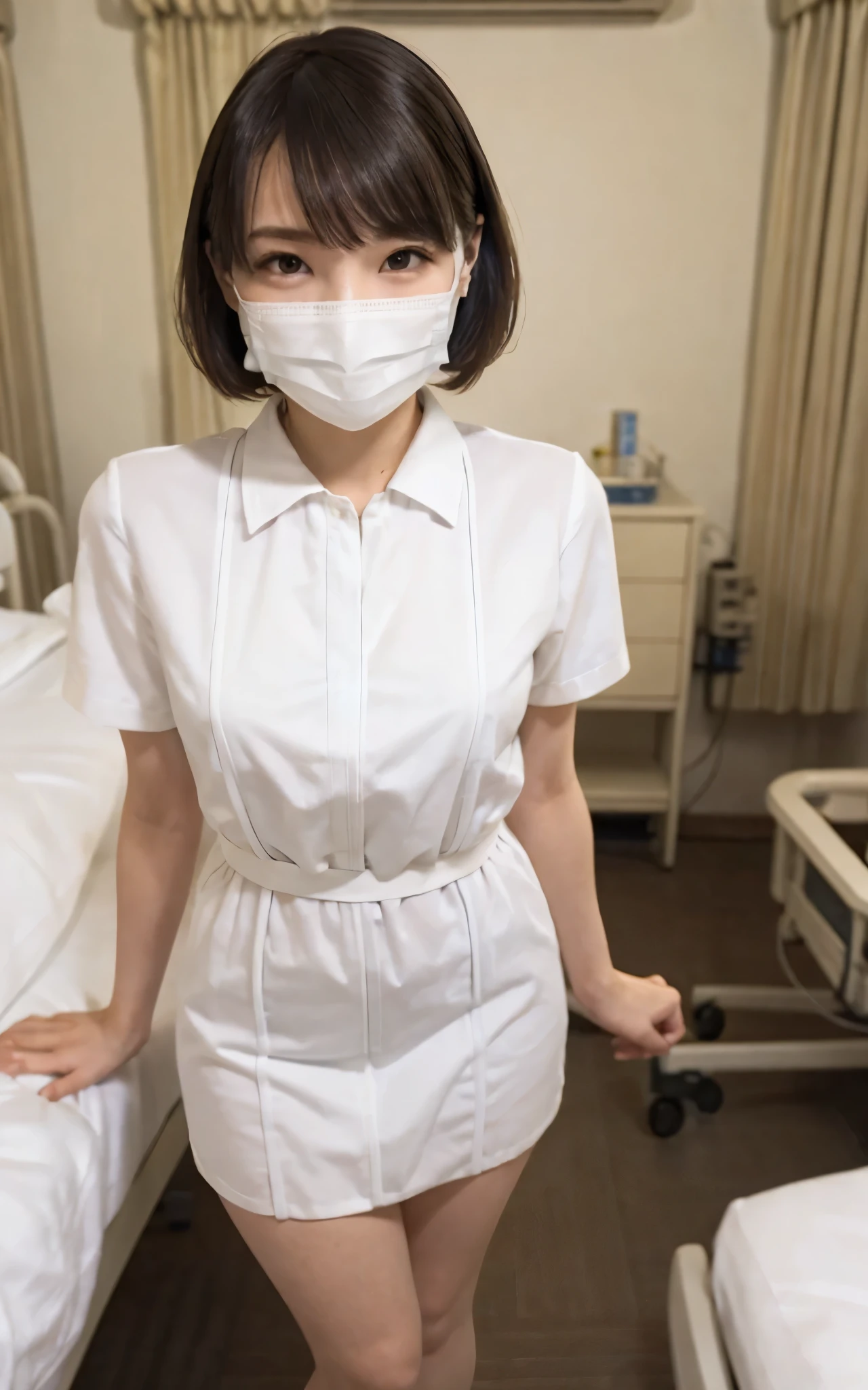 1 girl,(Wearing white nurse clothes:1.2),(RAW photo, highest quality), (realistic, photo-realistic:1.4), masterpiece, very delicate and beautiful, very detailed, 2k wallpaper, wonderful, finely, very detailed CG unity 8k wallpaper, Super detailed, High resolution, soft light, beautiful detailed girl, very detailed eyes and face, beautifully detailed nose, finely beautiful eyes, nurse, perfect anatomy, black hair, low ponytail style, nurse uniform, ((mask)), long skirt, nurse, white costume, thin, hospital, clear, white uniform, hospital room, auscultation of the neck,bob cut