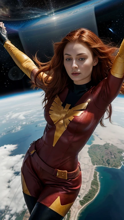 Sophie Turner wearing the X-Men Dark Phoenix costume floating above the Earth in space, ela tem asas de fogo saindo das suas costas, corpo inteiro, vista de frente, hiper-realista