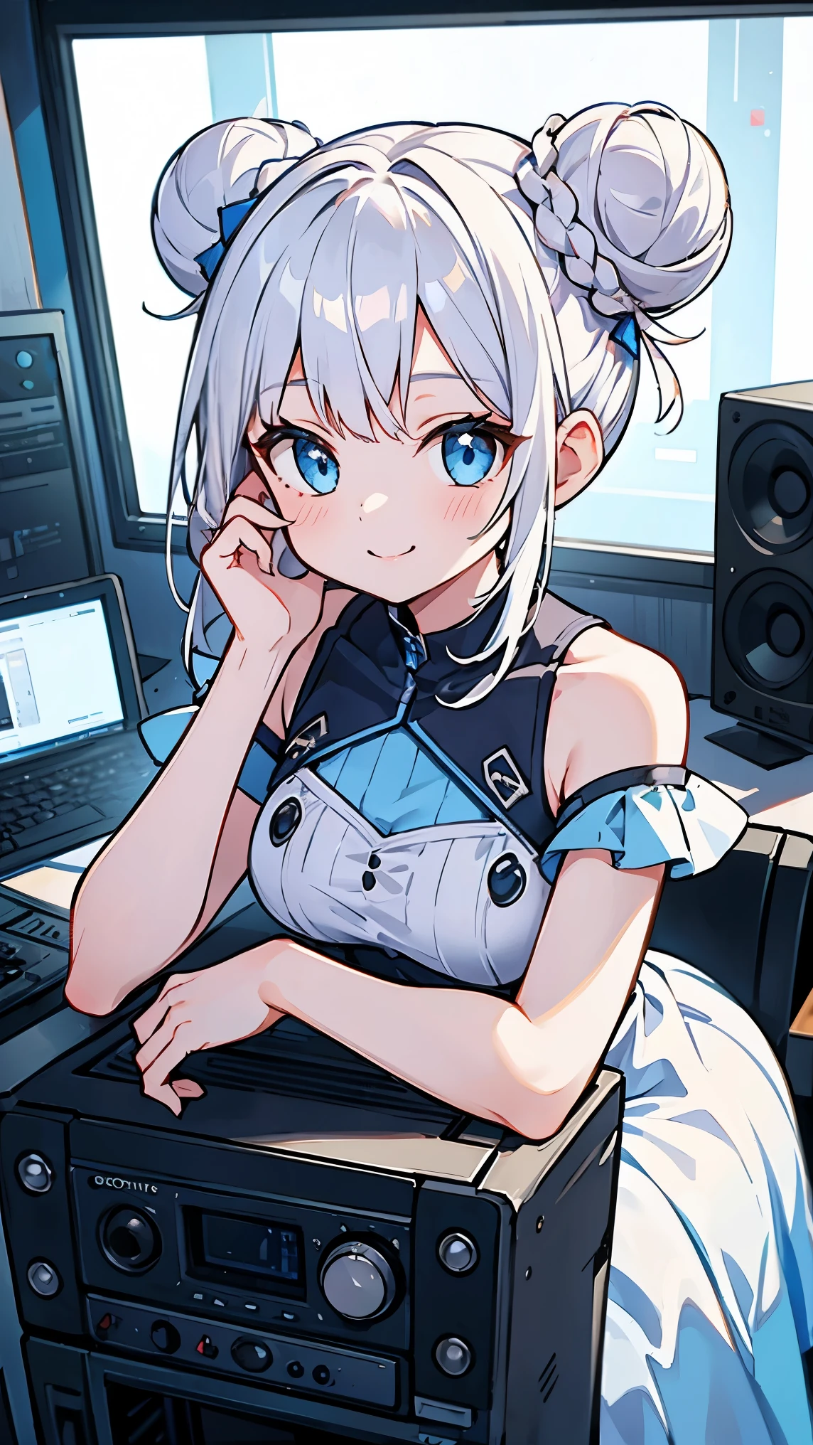 Girl1,round face,blue eyes,white hair,double bun hairstyle,Skinny Blue Dress Without Shoulders,Record inside the radio room,Sitting in front of a computer and audio equipment, smile,retina,masterpiece,ccurate,anatomical correct, textured skin,super detail,high quality,high details,best quality,highres,UHD,1080P