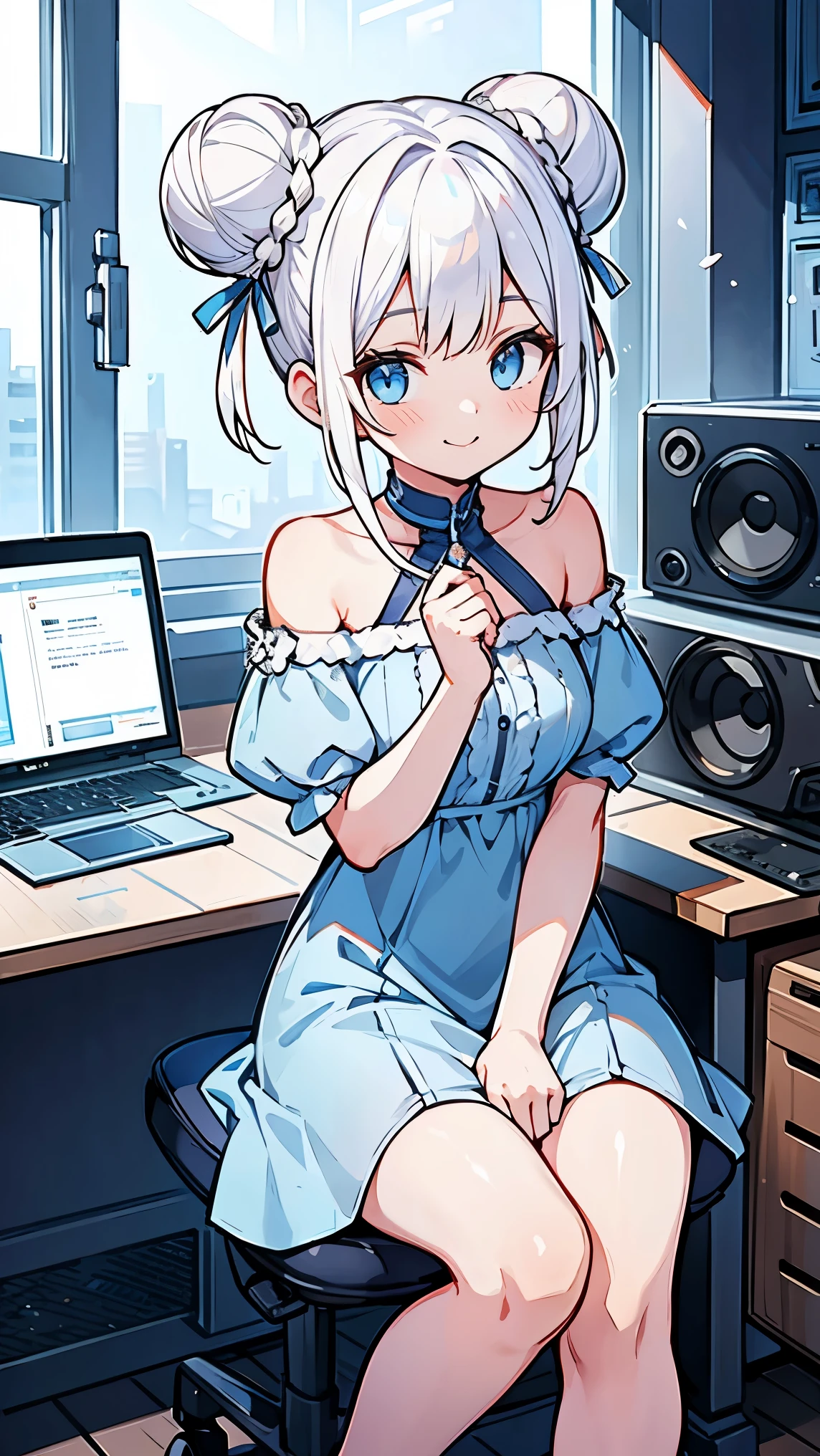 Girl1,round face,blue eyes,white hair,double bun hairstyle,Skinny Blue Dress Without Shoulders,Record inside the radio room,Sitting in front of a computer and audio equipment, smile,retina,masterpiece,ccurate,anatomical correct, textured skin,super detail,high quality,high details,best quality,highres,UHD,1080P