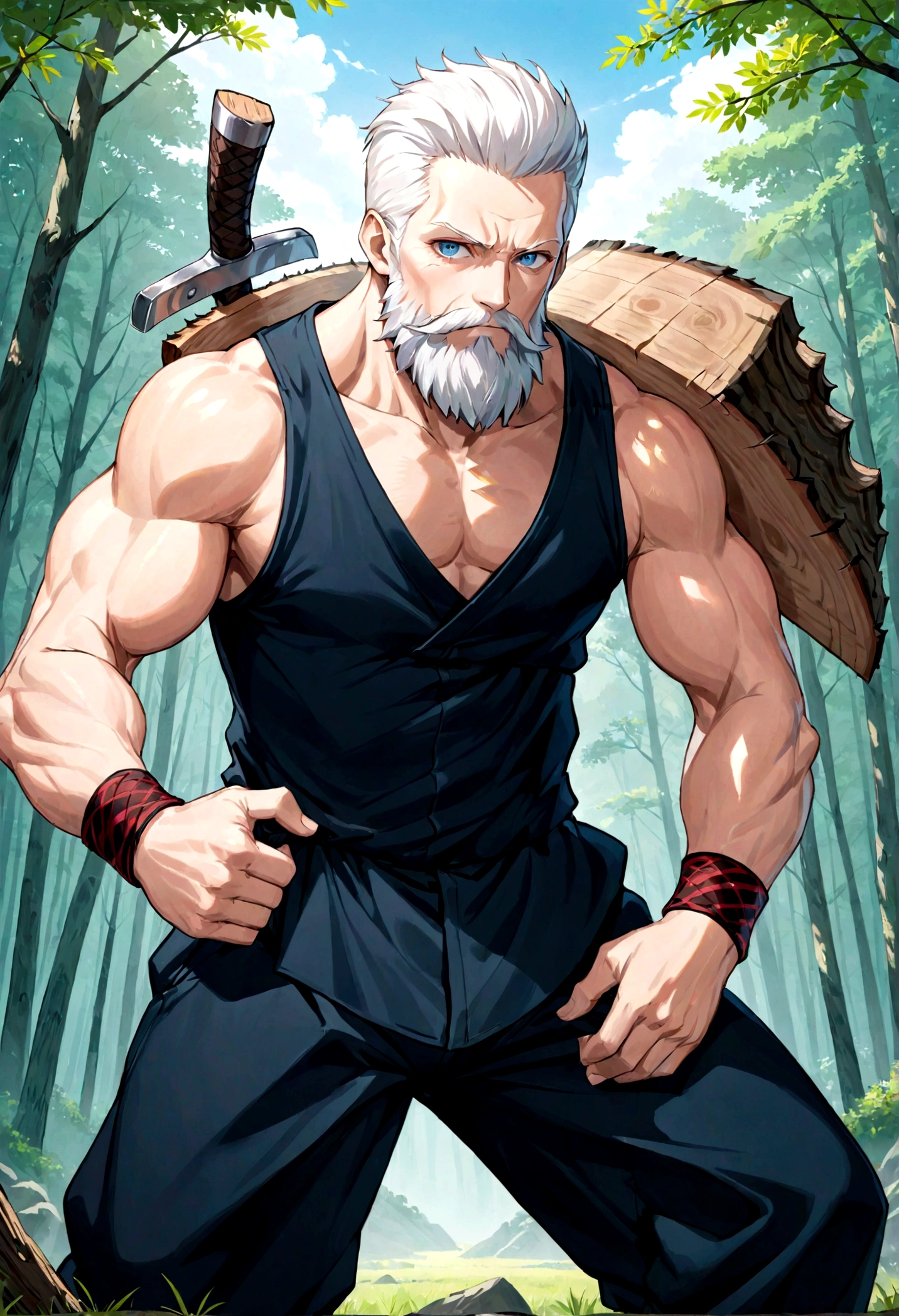 Create an image of an elderly man with a large beard, a lumberjack with an incredible physique, jujutsu kaisen anime style, with very light blue eyes and white hair