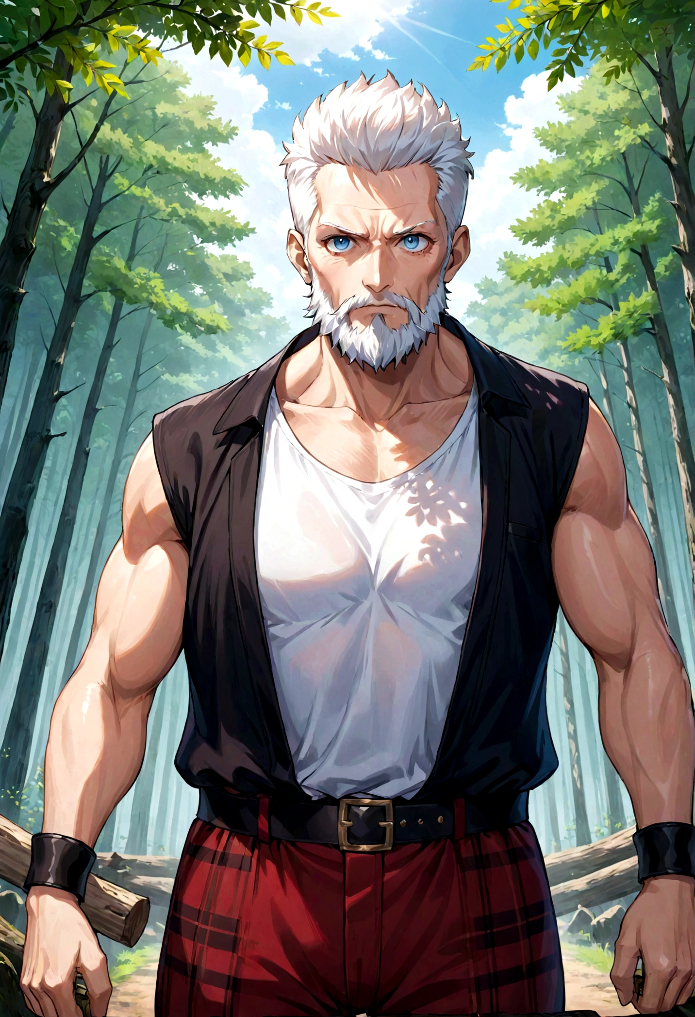 Create an image of an elderly man with a large beard, a lumberjack with an incredible physique, jujutsu kaisen anime style, with very light blue eyes and white hair