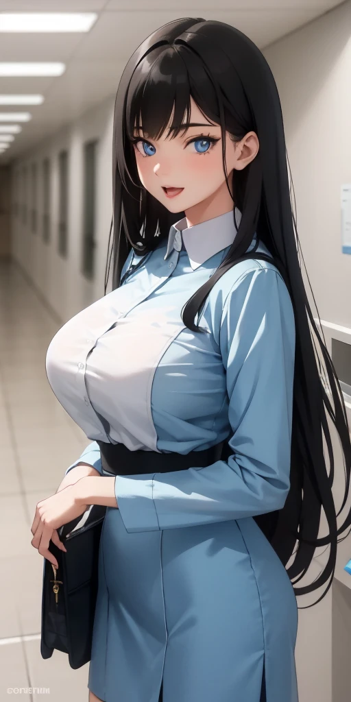 (masterpiece), (best quality), (ultra-detailed), ((girl, 29 years old)), an extremely delicate and beautiful, detailed eyes, minute details, (black hair, long hair, straight hair, hair between eyes), ((big breasts)), smile, open mouth, ((beautiful eyes)), (blue eyes), (upper body), she is wearing a blue dress, (detailed clothes), (detailed background, in a hospital, hospital hallway), (monochrome)