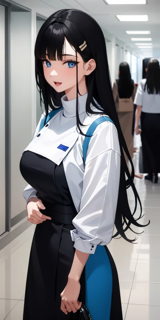 (masterpiece), (best quality), (ultra-detailed), ((girl, 29 years old)), an extremely delicate and beautiful, detailed eyes, minute details, (black hair, long hair, straight hair, hair between eyes), ((big breasts)), smile, open mouth, ((beautiful eyes)), (blue eyes), (upper body), she is wearing a blue dress, (detailed clothes), (detailed background, in a hospital, hospital hallway), (monochrome)