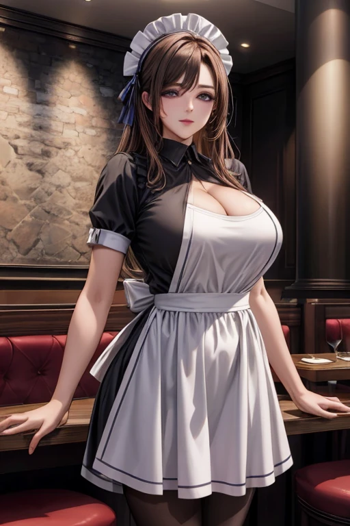 your mother_Large skewers, brown hair, long hair, Purple Eyes, Large Breasts, Smart pupils, Ribbon, Become a, (((Full breasts,)))(((Large Breasts))) (((Cleavage))),
1 Girl, Solitary, Cowboy shooting,waitress, apron, Pantyhose,staff_tray,indoors, Dining room,
fixing, strange atmosphere, (best quality:1.1), (masterpiece:1.2), High quality shadows, Beautiful and detailed, (High Detail Skin, Skin details), (Wide_landscape, 8K), Pretty Face, delicate eyes, Depth of Field, Dramatic lighting, best quality, High resolution, The best shadow, Optimal lighting,