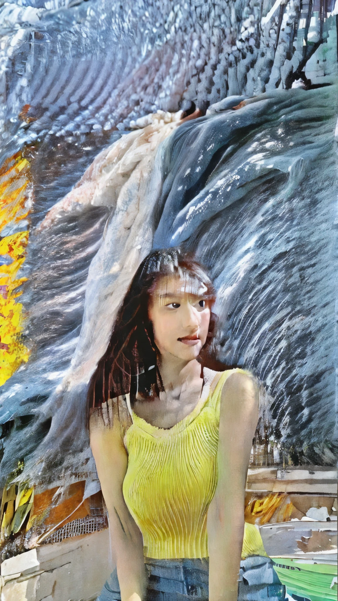 （Realistic， high resolution：1.3）， 1 fille avec un corps parfait， Visage et yeux super fins，cheveux longs， Random Color Tank Top：1.2， jeans court， gros seins，Exposer le décolleté