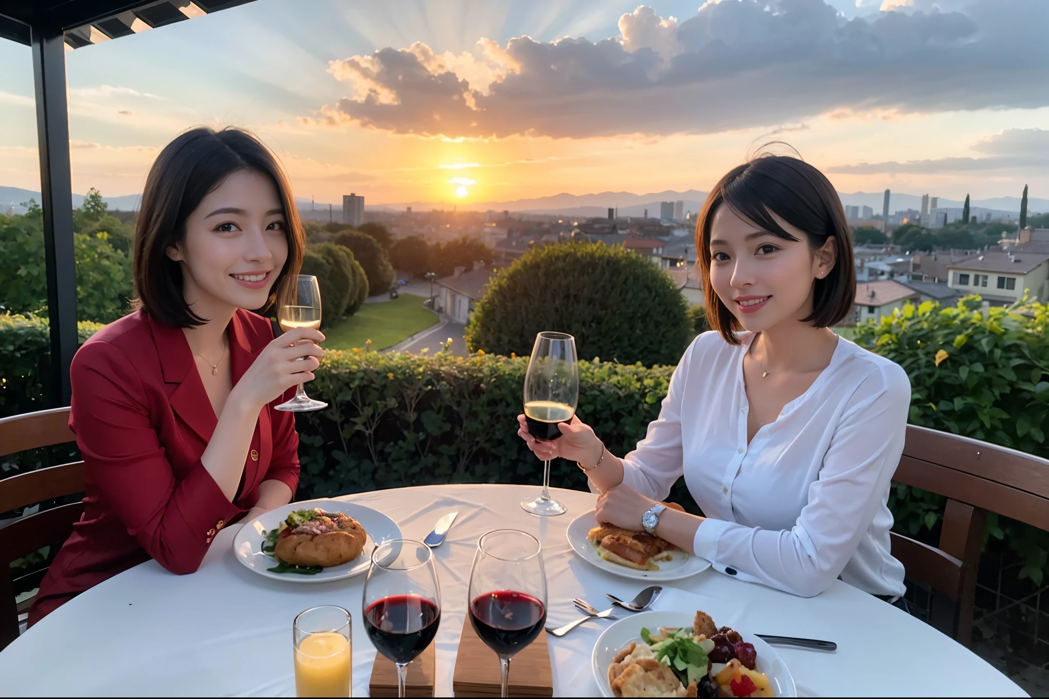 ((highest quality、8k、masterpiece:1.3))、1 male、1 female、A lover who resembles Satomi Ishihara、Beautiful couple、smile、full-course dinner、 (Slim face), (the body is スリム), (Brown Hair), (short hair), テーブルの上のwine glass、Please shine a light on my face、 Amazing view of the sunset sky and clouds、 (Age 43), 39 years old, red wine 、Appetizers、Italian food、Wine bottle、Champagne、sparkling wine、Long sleeve shirt、dress、White wine, red wine, wine glass,