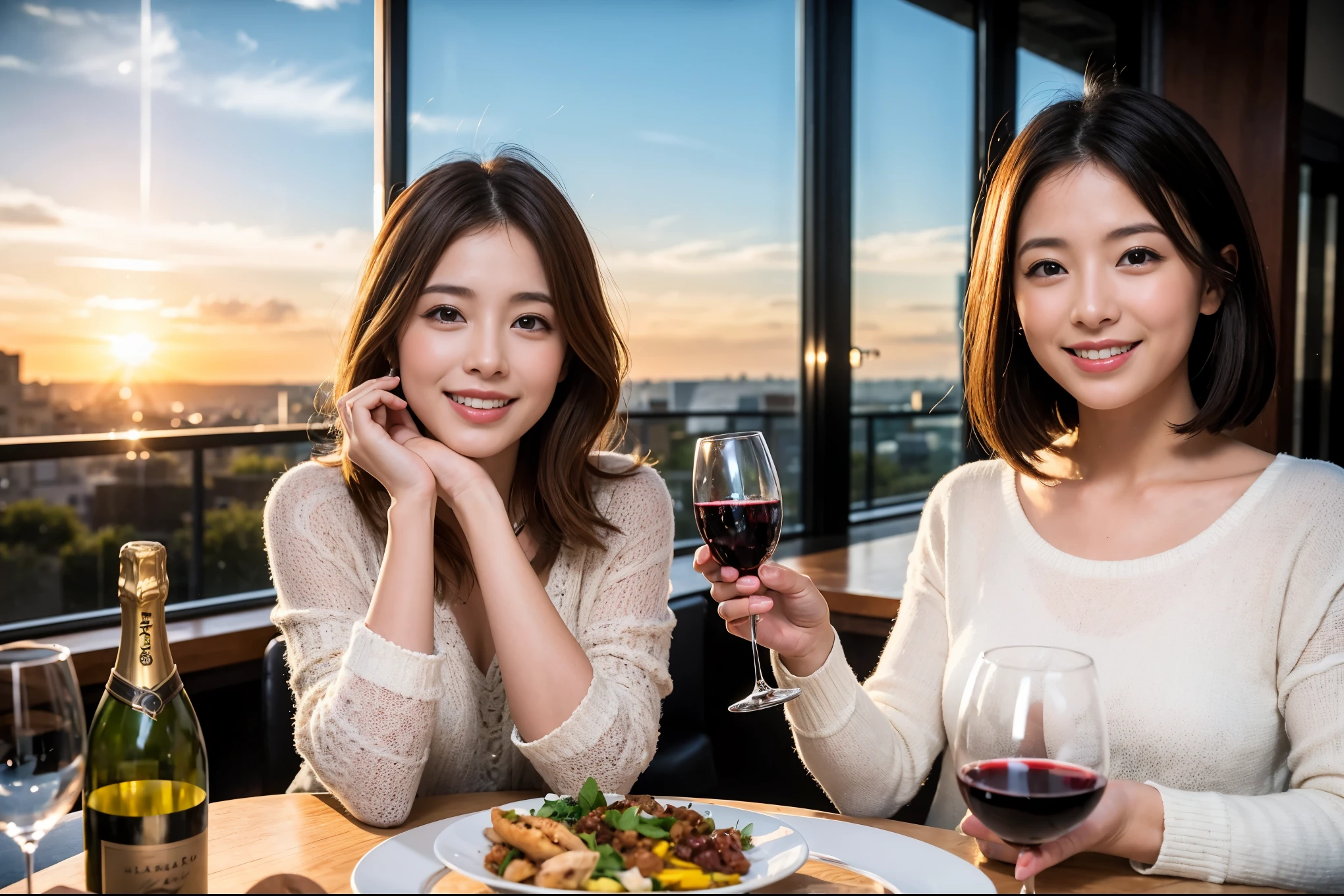 ((highest quality、8k、masterpiece:1.3))、1 male、1 female、A lover who resembles Satomi Ishihara、Beautiful couple、smile、full-course dinner、 (Slim face), (the body is スリム), (Brown Hair), (short hair), テーブルの上のwine glass、Please shine a light on my face、 Amazing view of the sunset sky and clouds、 (Age 43), 39 years old, red wine 、Appetizers、Italian food、Wine bottle、Champagne、sparkling wine、Long sleeve shirt、dress、White wine, red wine, wine glass, 