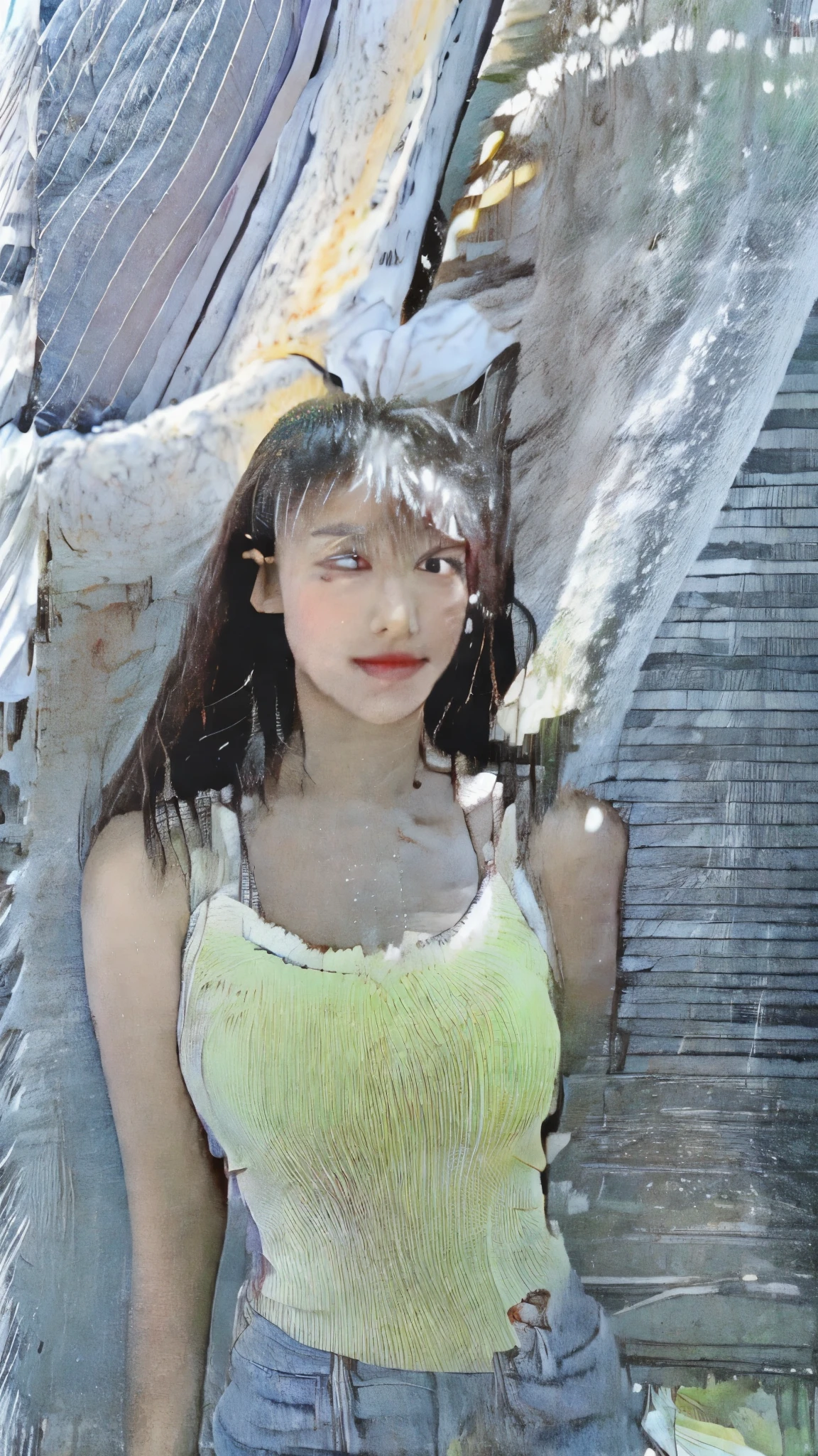 (Realistic, high resolution:1.3), 1 fille avec un corps parfait, Visage et yeux super fins,cheveux longs, Random Color Tank Top:1.2, jeans court, gros seins,Exposer le décolleté