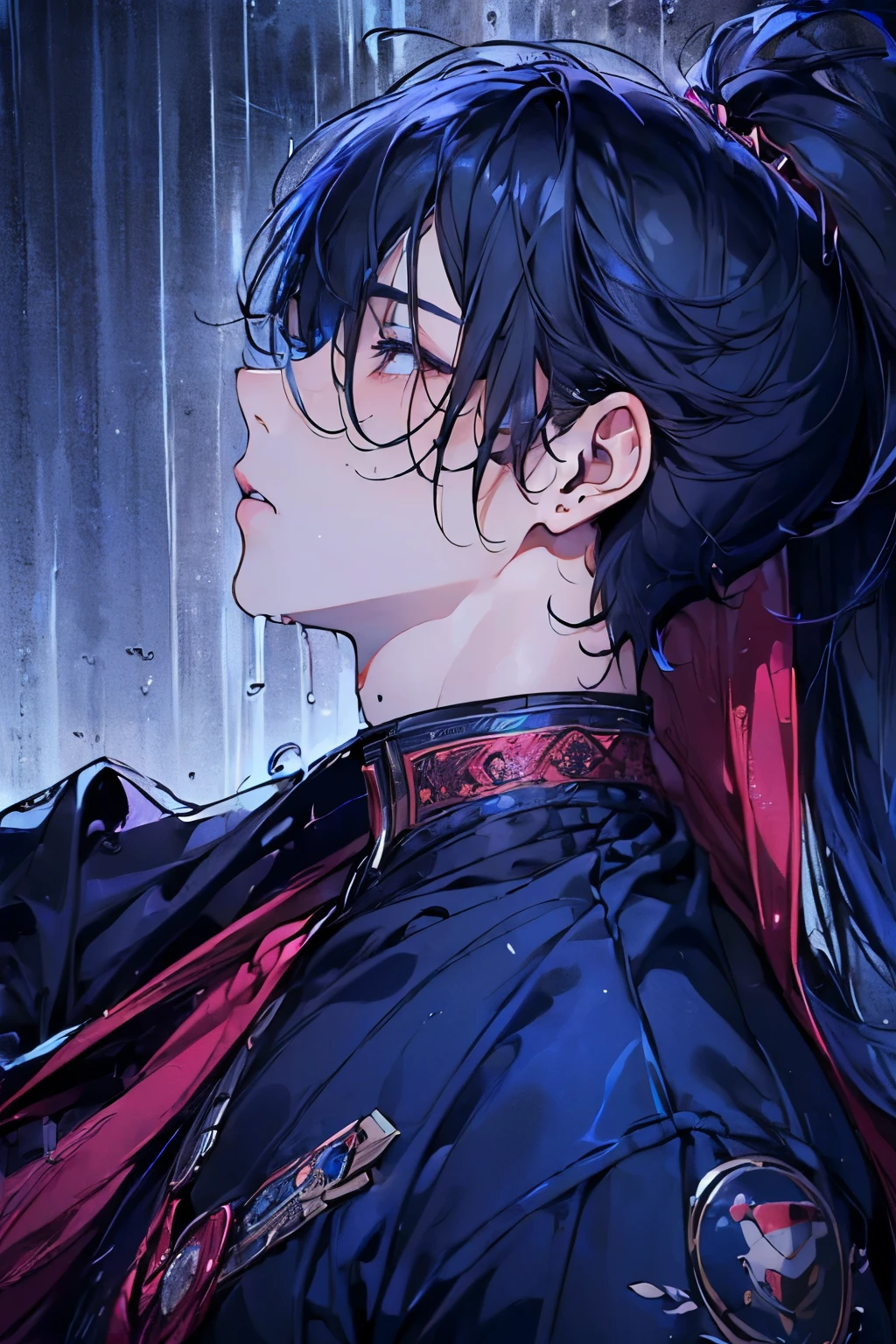 ((male:1.5)),(forhead mark),((NAVY hair)),((rainy:1.2)),(Glossy lips:1.2),(nsfw:1.3),((high quality:1.2)),((perfect graphic:1.2)),((beautiful image:1.2)),((high resolution:1.2)),blush,(marine:1.2),((Wet Hair:1.3)),((perfect hand:1.0)),(kiss me:1.35),Falling into Pleasure,(Arabian costumes:1.25)