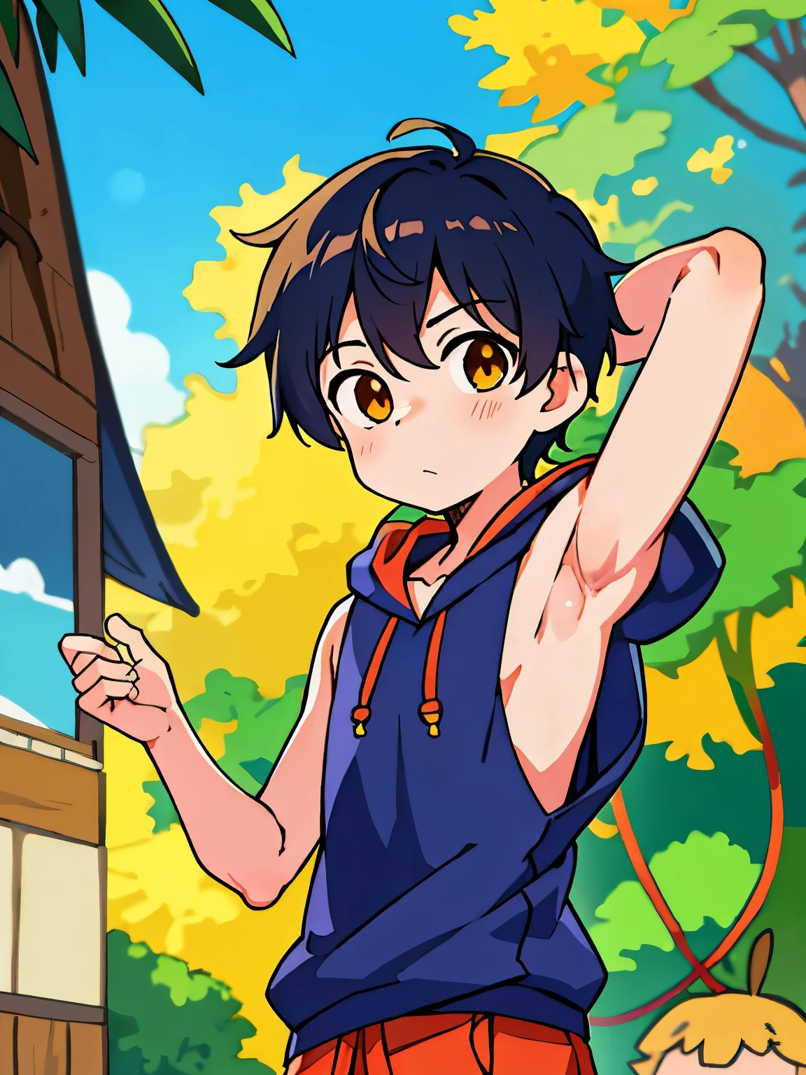 Anime style, Highres, Masterpiece, Best quality at best,High-quality illustrations, Best Quality,hight quality, hight detailed, Depth field, Anime screencap style, 1boy, Boy, Shota, Solo person, hansome boy, cute face, adorable boy, Jungle, Libido boy, Cheerful boy, Sleeveless hoodie, Body, Seen from front, (showing armpit:1.3), boy focus, Uhd, 4k