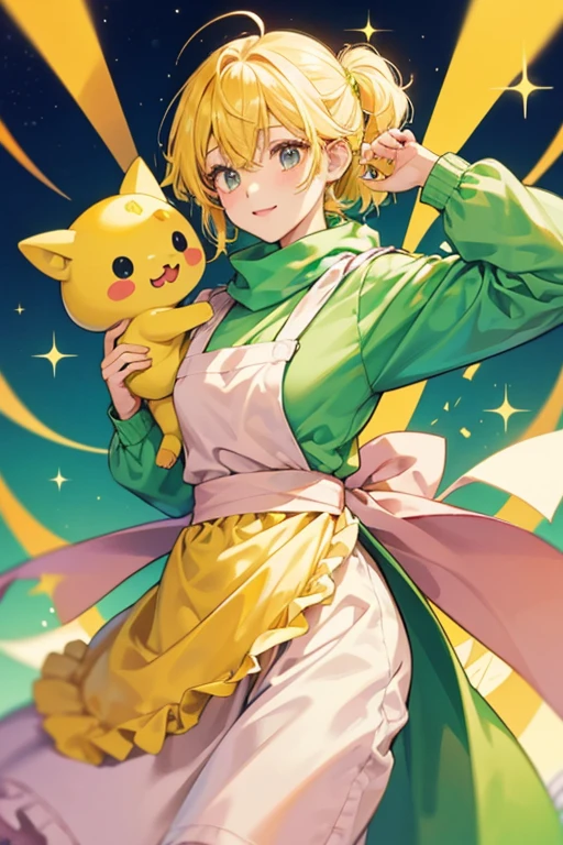 Pichiokatchi has a green body and wears a white long sleeve shirt covered by a peach colored apron. They additionally wear a pink scarf and carry signs with prices on them, one of which is stuck in their yellow hair. SPARKLE; GLITTER