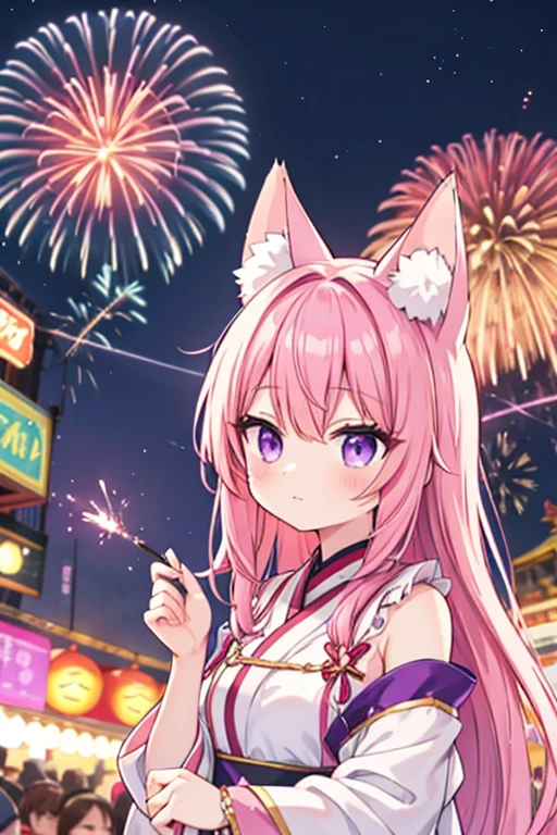 Pink Hair、long hair、Cat ear、Purple eyes、Summer festival fireworks going off、Festivals、Holding a fox