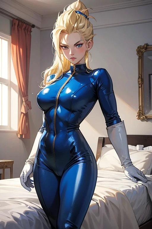 A blonde muscular mature woman dressed as Vegeta in a blue patent leather catsuit, wearing white gloves and white boots, blushing in her room.