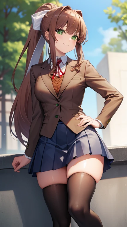 ddlcmonika, ddlcmonika, blunt bangs, brown hair, (green eyes:1.5), long hair, ponytail, ribbon, white ribbon, hair ribbon, sidelocks,
BREAK black thighhighs, blue skirt, brown jacket, jacket, long sleeves, mary janes, over-kneehighs, pleated skirt, , shoes, skirt, thighhighs, zettai ryouiki
BREAK looking at viewer smiling,
BREAK in the park, summer
BREAK (masterpiece:1.2), best quality, high resolution, unity 8k wallpaper, (illustration:0.8), (beautiful detailed eyes:1.6), extremely detailed face, perfect lighting, extremely detailed CG, (perfect hands, perfect anatomy),