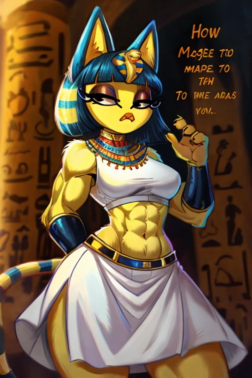 ((best quality)), ((masterpiece)), (detailed), Ankha with abs wearing a crop top of her white sleeveless dress with white dress skirt, she is talking