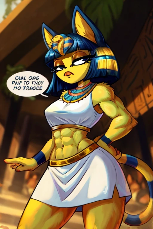 ((best quality)), ((masterpiece)), (detailed), Ankha with abs wearing a crop top of her white sleeveless dress with white dress skirt, she is talking 