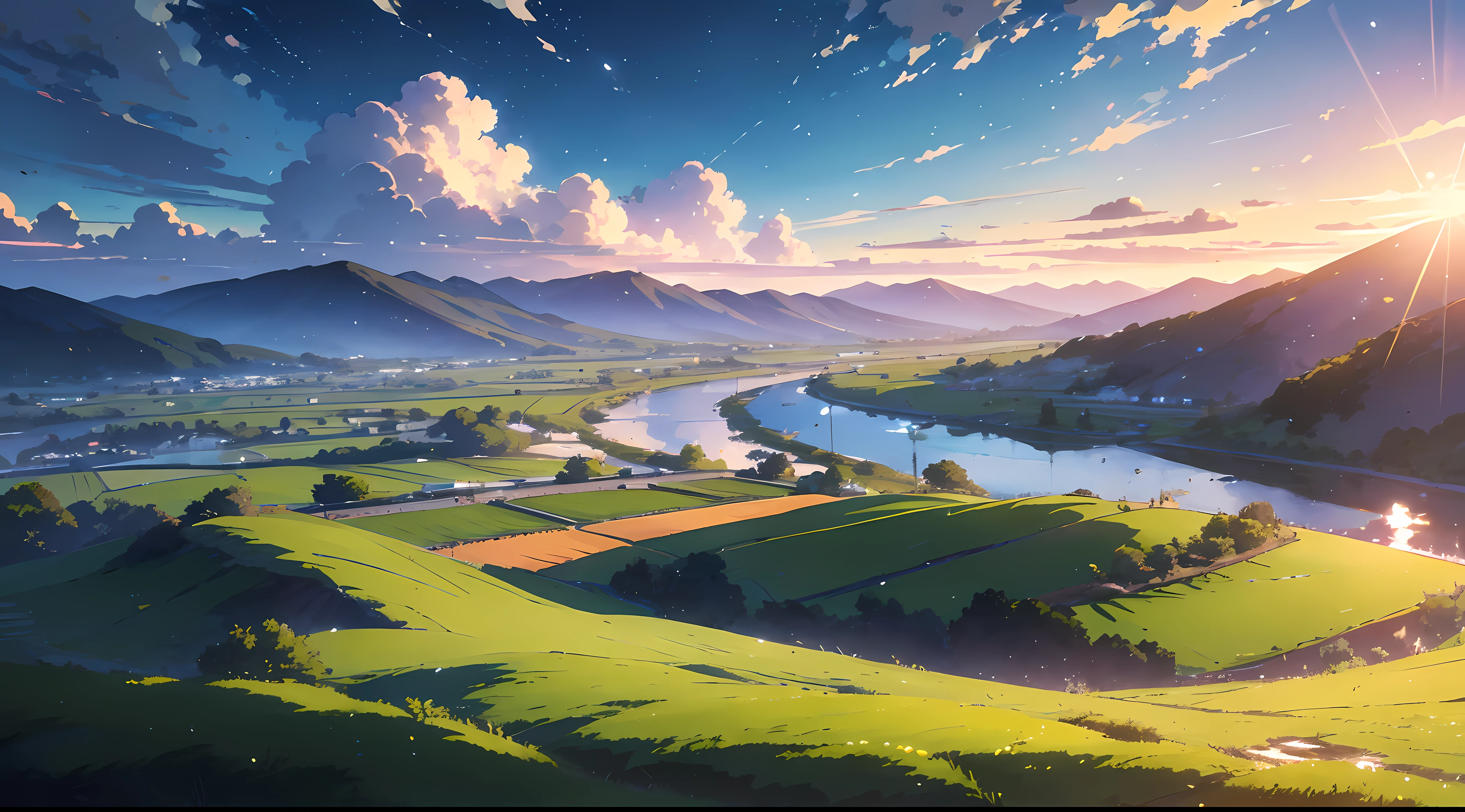 pintura de un campo, paisaje de campo animado, Atey Ghailan 8K, hermosa escena de anime, A beautiful artistic illustration., hermoso arte UHD 4K, paisaje animado, Arte de fondo animado, Fondo de pantalla ilustrativo 4k hd, makoto shinkai cyril rolando, ross tran. scenic background, por Yang J., distant dream atmosphere, reflejando agua, hermosa naturaleza
