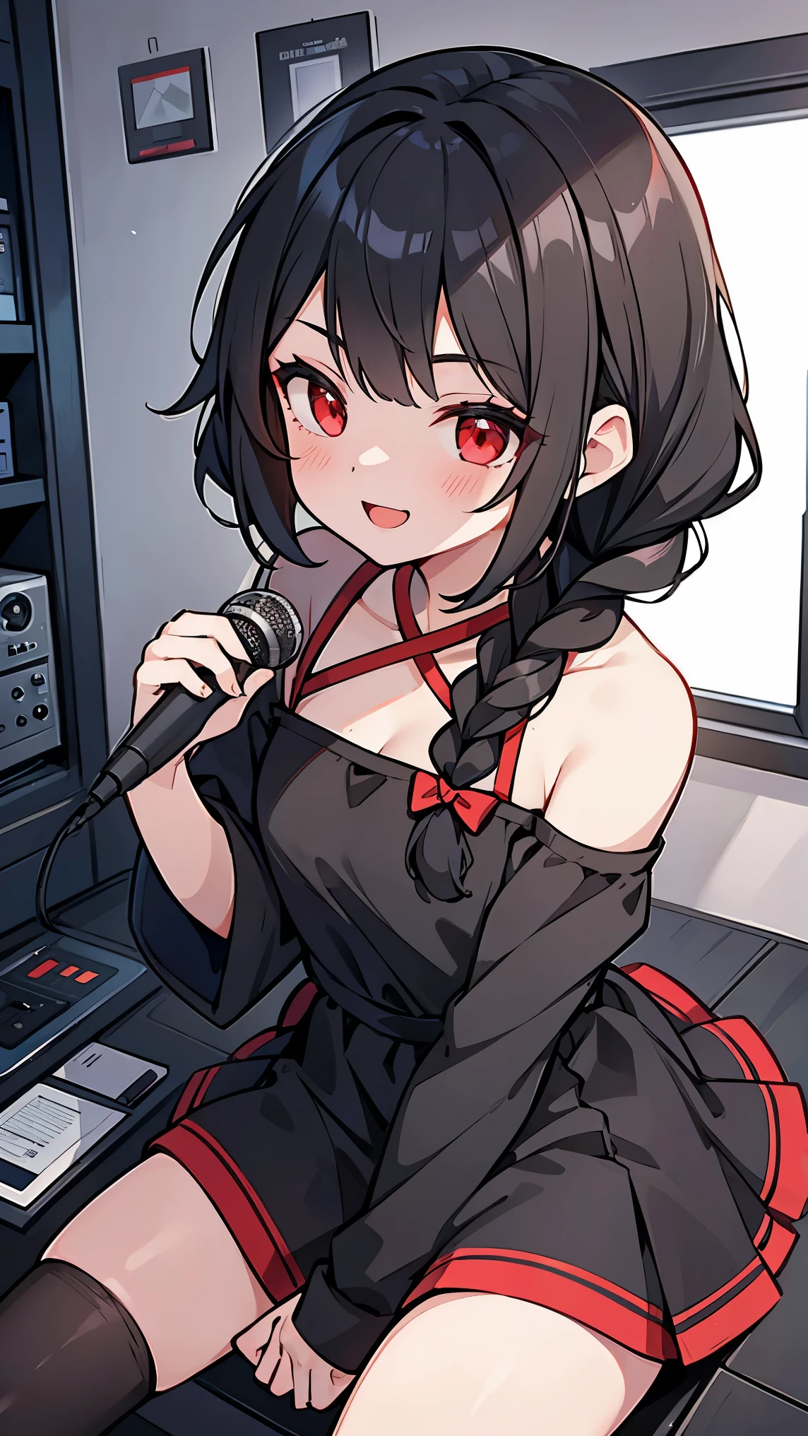 Girl1,triangle face,red eyes,black hair,braided ponytail hairstyle,Black Mini Dress With One Shoulder,Record inside the radio room,sitting,Microphone,Put a big earpiece, smile,retina,masterpiece,ccurate,anatomical correct, textured skin,super detail,high quality,high details,best quality,highres,UHD,1080P