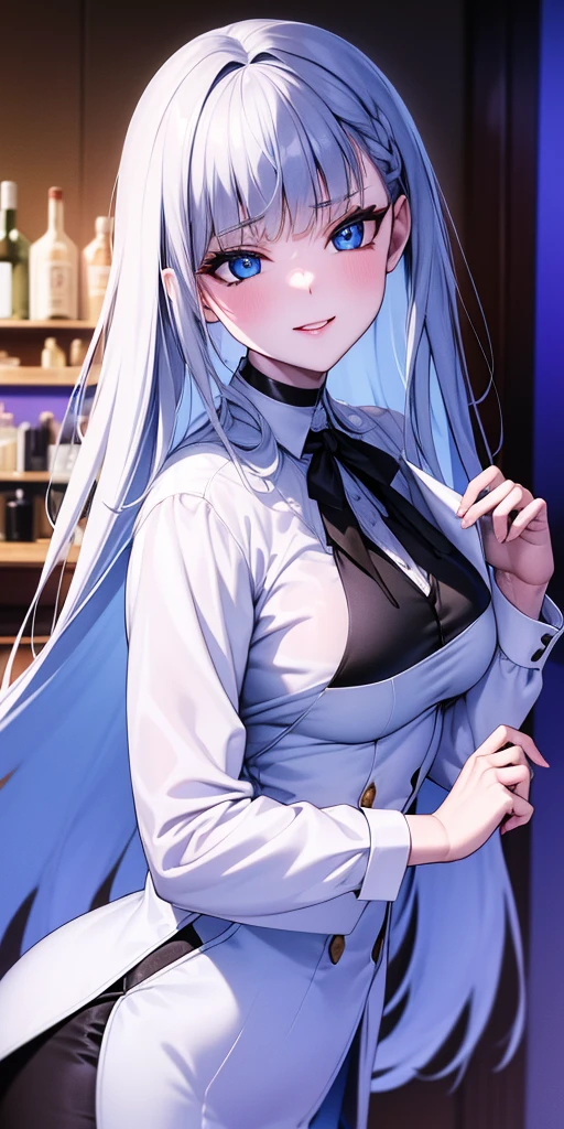 (night:1.7), east asian architecture,
Standing at attention,
brown jacket, white sweater vest, turtleneck,long sleeves, skirt,
morgan le fay, black bow, bow, light blue hair, blue eyes, choker, hair bow, hair ornament, long hair, ribbon,
1 girl, 20yo,mature female,Beautiful Finger,Beautiful body,Beautiful Nose,Beautiful character design, perfect eyes, perfect face,seductive anime girl.teasing smile,
looking at viewer,(innocent_big_eyes:1.0),(expressionless:1.3),
NSFW,official art,extremely detailed CG unity 8k wallpaper, perfect lighting,Colorful, Bright_Front_face_Lighting,
(masterpiece:1.0),(best_quality:1.0), ultra high res,4K,ultra-detailed,
photography, 8K, HDR, highres, absurdres:1.2, Kodak portra 400, film grain, blurry background, bokeh:1.2, lens flare, (vibrant_color:1.2)
(Beautiful,medium_Breasts:1.4), (beautiful_face:1.5),(narrow_waist),(perfect hands, perfect anatomy)