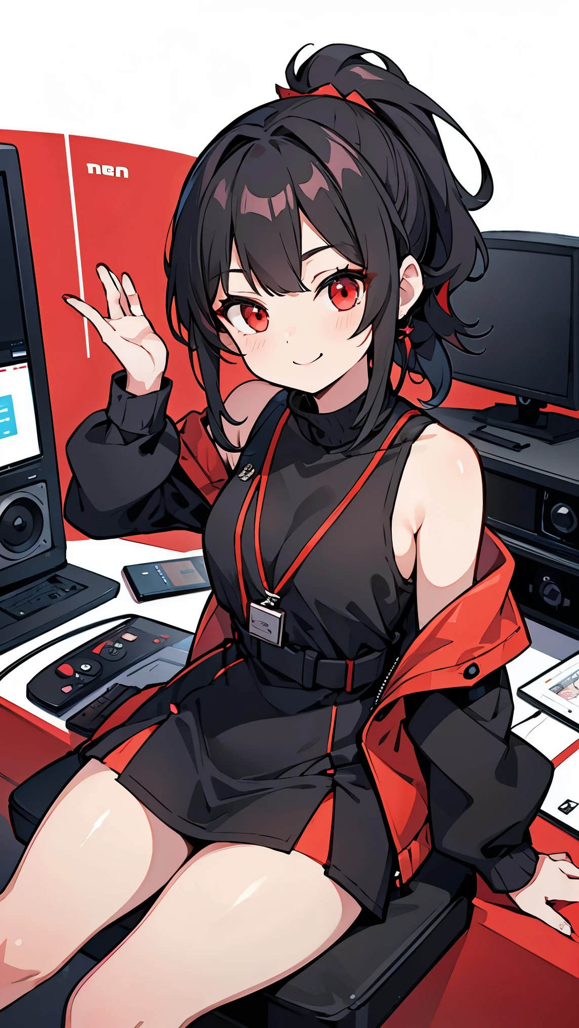 Girl1,triangle face,red eyes,black hair,braided ponytail hairstyle,Black Mini Dress With One Shoulder,Record inside the radio room,sitting,Microphone, Earphone, smile,retina,masterpiece,ccurate,anatomical correct, textured skin,super detail,high quality,high details,best quality,highres,UHD,1080P