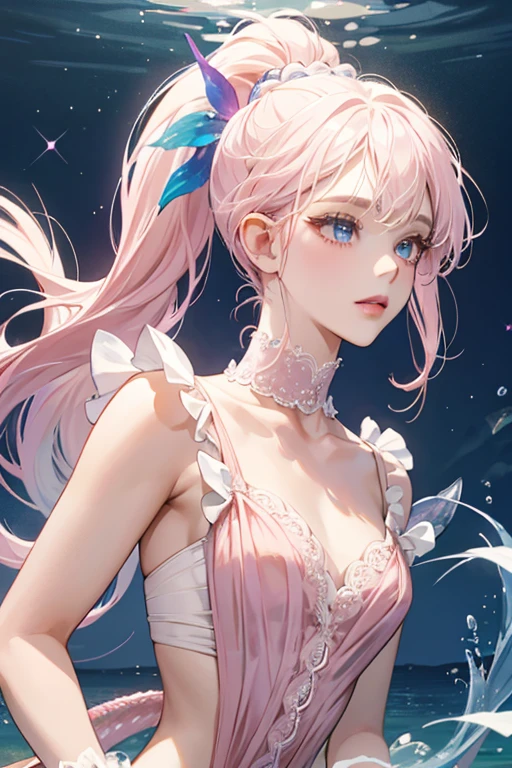 Pichipitchi resembles a mermaid. Her hair is blue and decorated with white pearls, styled in a ponytail and a right swept up fringe. Her face and arms are beige with pale pink cheeks, and she has dark blue irises and light blue lips. She seems to wear a pink body over her torso and tail, with a yellow collar and a lighter pink lace in the middle. SPARKLE; GLITTER
