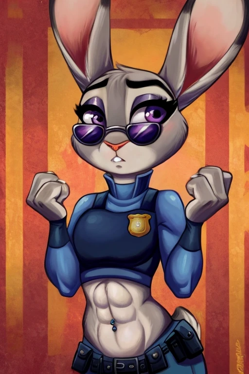 ((best quality)), ((masterpiece)), (detailed), Judy hoops with sunglasses and abs wearing a crop top of her long sleeve police uniform, navel piercing, she is nervous, she has her rabbit ears sticking out