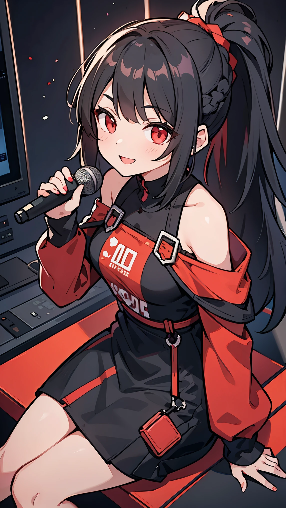 Girl1,triangle face,red eyes,black hair,braided ponytail hairstyle,Black Mini Dress With One Shoulder,Record inside the radio room,sitting,Microphone,Put a big earpiece, smile,retina,masterpiece,ccurate,anatomical correct, textured skin,super detail,high quality,high details,best quality,highres,UHD,1080P