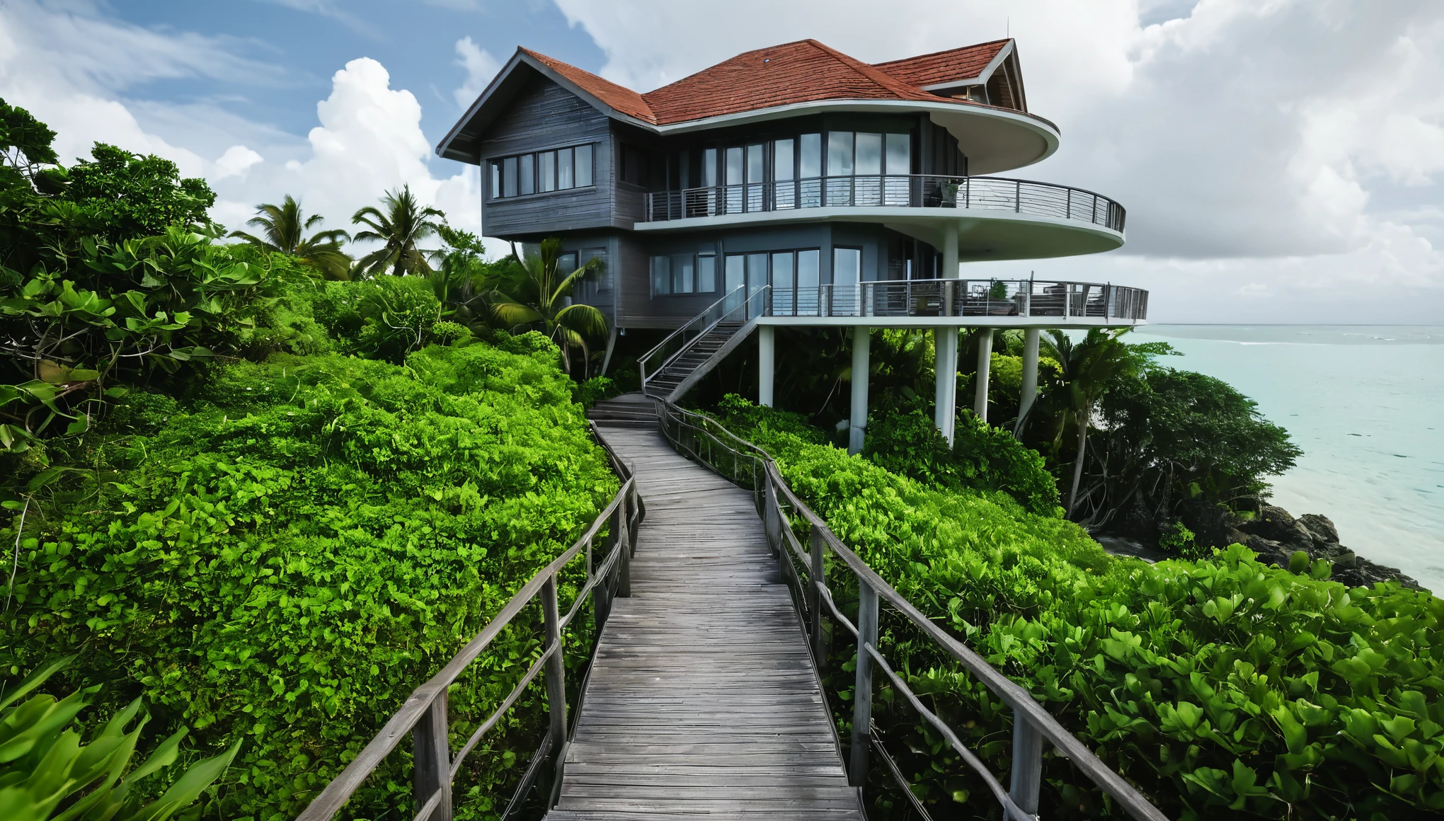 Create an image of a multi-story beautiful ornate luxury modern mansion perched precariously at the end of a tiny tropical island in the middle of the vast ocean. The island is lush with tropical vegetation. The scene should be cinematic, resembling a film still shot on a V-Raptor XL, with a film grain texture, vignette effect, and color grading to enhance the dramatic atmosphere. Stairs leading down from the house to the beach. The beach has a boardwalk branching out in a array of directions where they lead to luxury romantic huts on stilts sitting above the water with access from the boardwalk. The lighting should be cinematic, with a 35mm film quality and a live-action feel, meticulously post-processed to create an epic and stunning visual masterpiece. The mood should be a blend of exciting beautiful tranquility and amazing intensity, making the viewer feel a sense of awe and amazement. The sky should be clear with a few cumulus clouds, adding to the atmospheric tone of the image.

The image should evoke a sense of wonder and mystery, captivating art critics and evoking new emotions in those who view it. Ultra photo realistic, vibrant colors, 16 k