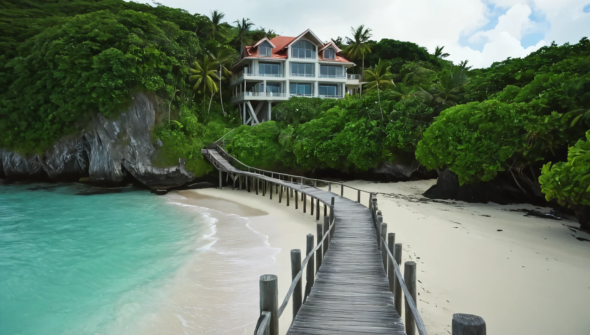 Create an image of a multi-story beautiful ornate luxury modern mansion perched precariously at the end of a tiny tropical island in the middle of the vast ocean. The island is lush with tropical vegetation. The scene should be cinematic, resembling a film still shot on a V-Raptor XL, with a film grain texture, vignette effect, and color grading to enhance the dramatic atmosphere. Stairs leading down from the house to the beach. The beach has a boardwalk branching out in a array of directions where they lead to luxury romantic huts on stilts sitting above the water with access from the boardwalk. The lighting should be cinematic, with a 35mm film quality and a live-action feel, meticulously post-processed to create an epic and stunning visual masterpiece. The mood should be a blend of exciting beautiful tranquility and amazing intensity, making the viewer feel a sense of awe and amazement. The sky should be clear with a few cumulus clouds, adding to the atmospheric tone of the image.

The image should evoke a sense of wonder and mystery, captivating art critics and evoking new emotions in those who view it. Ultra photo realistic, vibrant colors, 16 k