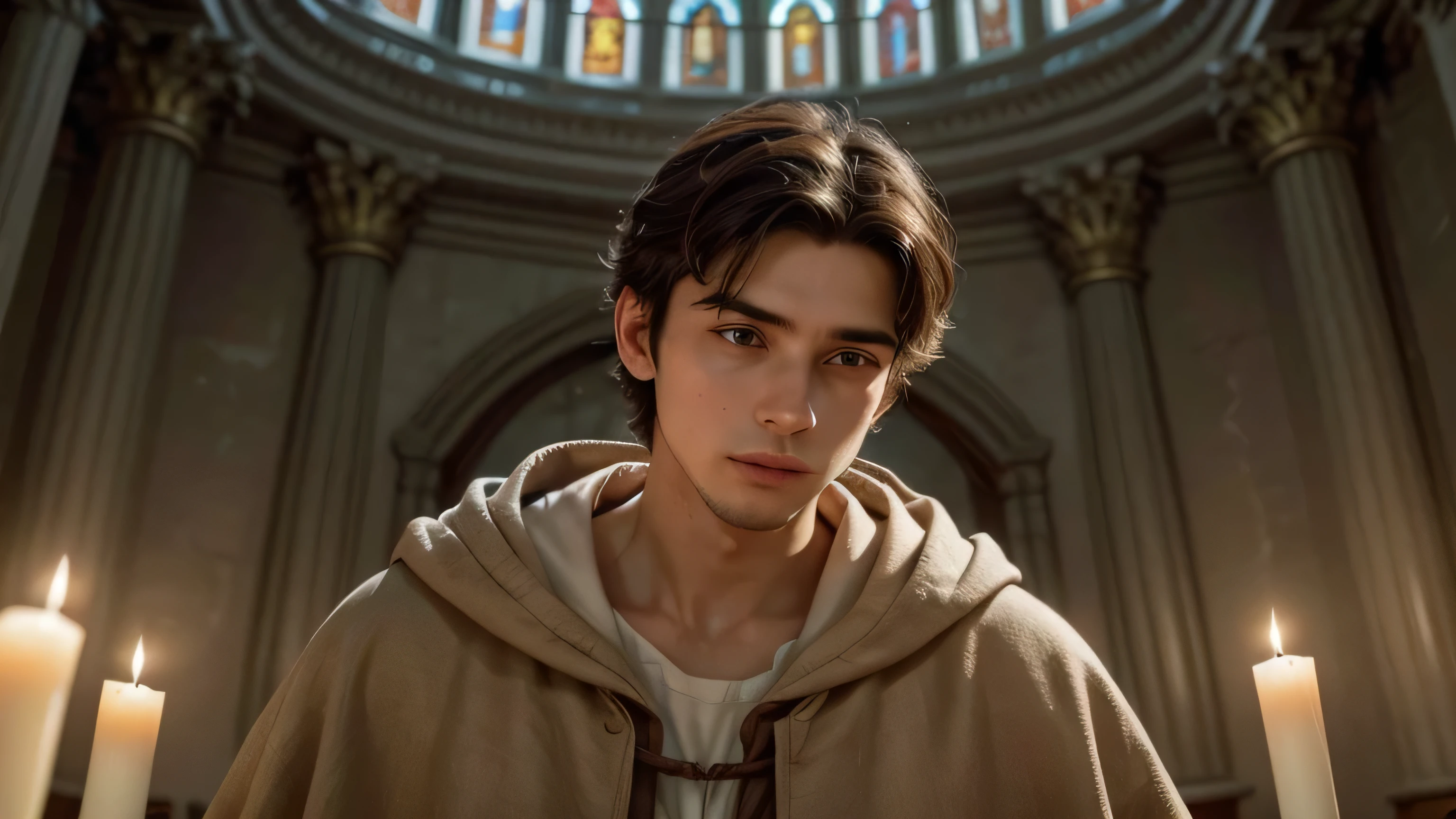 Create an image of Saint Anthony of Padua, depicted as a young man of approximately 30 years old, with a serene and contemplative expression. He should be wearing a brown Franciscan habit with a rope belt at the waist and a hood resting on his back. His head should feature the Roman tonsure, with the top of his head shaved, leaving only a ring of hair around the lower part and front.
In his arms, he gently holds the Jesus, who is looking at him with a gentle smile. Surround them with a soft golden aura, symbolizing holiness and purity.
The background should be the interior of an ancient church, with colorful stained glass windows allowing light to enter softly. Add details such as lit candles, an altar with flowers, and religious icons to enrich the setting. Ensure the image conveys an atmosphere of peace and devotion, with soft colors and gentle lighting