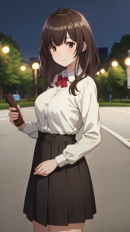 best quality, (masterpiece:1.2), highly detailed, outdoors, park, city, night,
1girl, solo, ogiwara sayu,
looking at the viewer, medium breasts, slight smile, closed mouth, (standing:1.2),
brown eyes, brown hair, long hair, school outfit