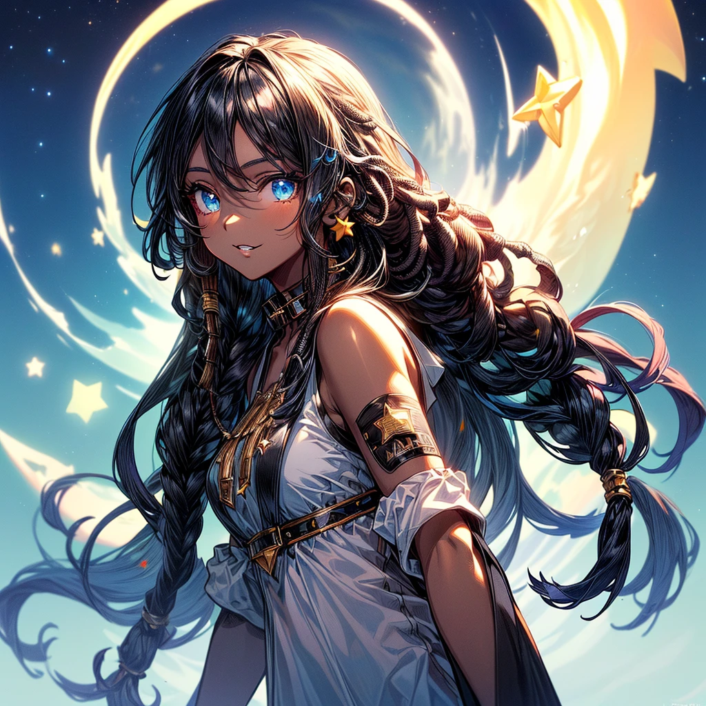 (((Best quality))), (((Ultra detailed))), 1 girl, ((((vivid)))),(((beautiful detailed hair, black skin, blue eyes, black hair with dreads, long hair, wears braces, wears star decorations in her hair