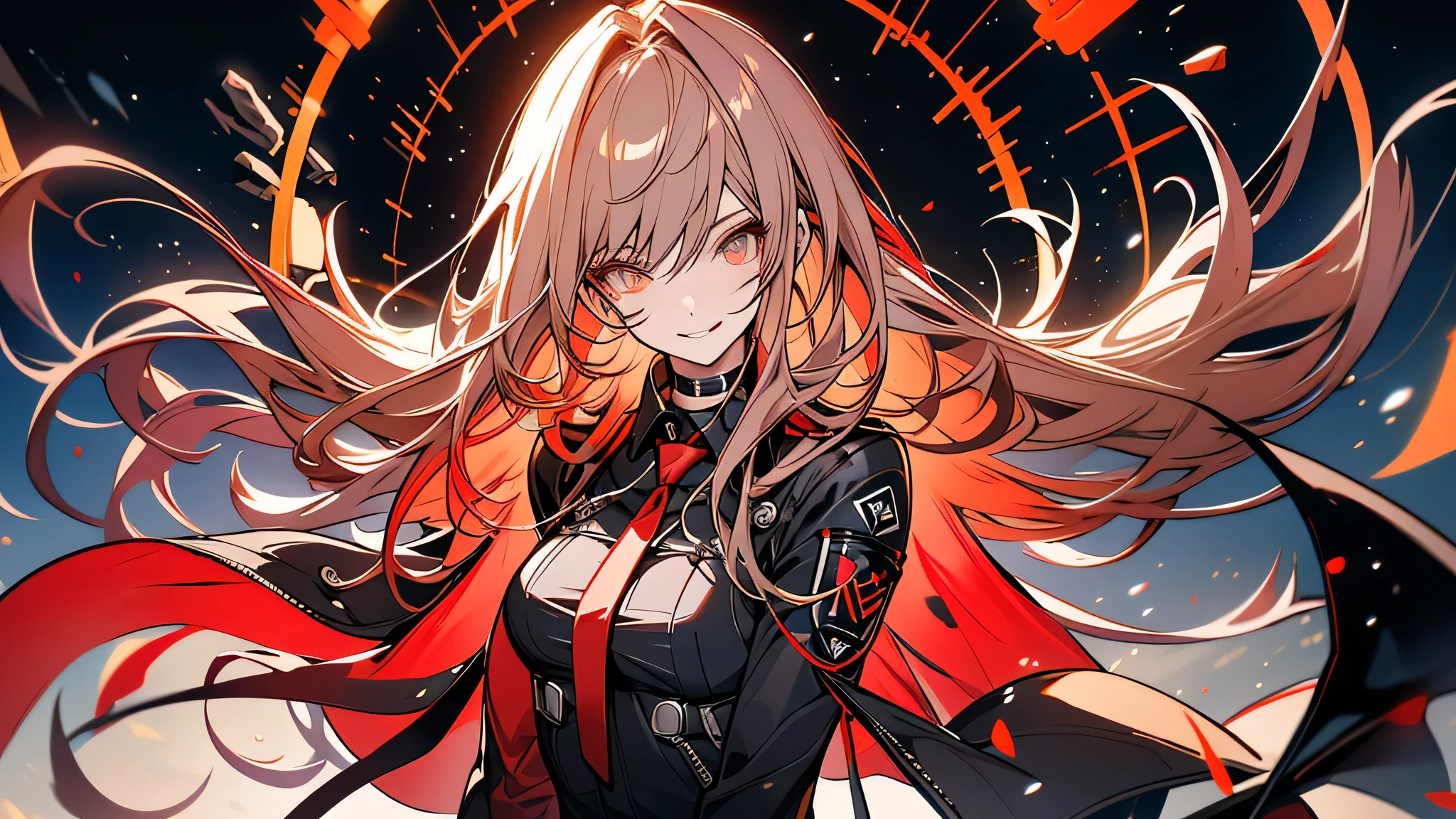((Best quality)), ((masterpiece)), (detailed:1.4), 3D, an image of a beautiful cyberpunk female, Yandere , Yandere Face , Trance , Trance Eyes , yameroyandere , constricted pupils , yandere ,
empty eyes . shaded face , crazy eyes , glowing eyes , crazy smile , dark blond hair, long burning red hair, burning hair, light brown eyes, red Barret, Black Soldier Shirt, Black under cloth, black panty, Grenade belt, Big chest, Big thigh, High thigh black knee sock, full view of girl, battlefield background, black combat boot, red necktie, black glove, black combat suit, black jacket, black cloak, black panty, ammo belt, HDR (High Dynamic Range),Ray Tracing,NVIDIA RTX,Super-Resolution,Unreal 5,Subsurface scattering,PBR Texturing,Post-processing,Anisotropic Filtering,Depth-of-field,Maximum clarity and sharpness,Multi-layered textures,Albedo and Specular maps,Surface shading,Accurate simulation of light-material interaction,Perfect proportions,Octane Render,Two-tone lighting,Wide aperture,Low ISO,White balance,Rule of thirds,8K RAW,