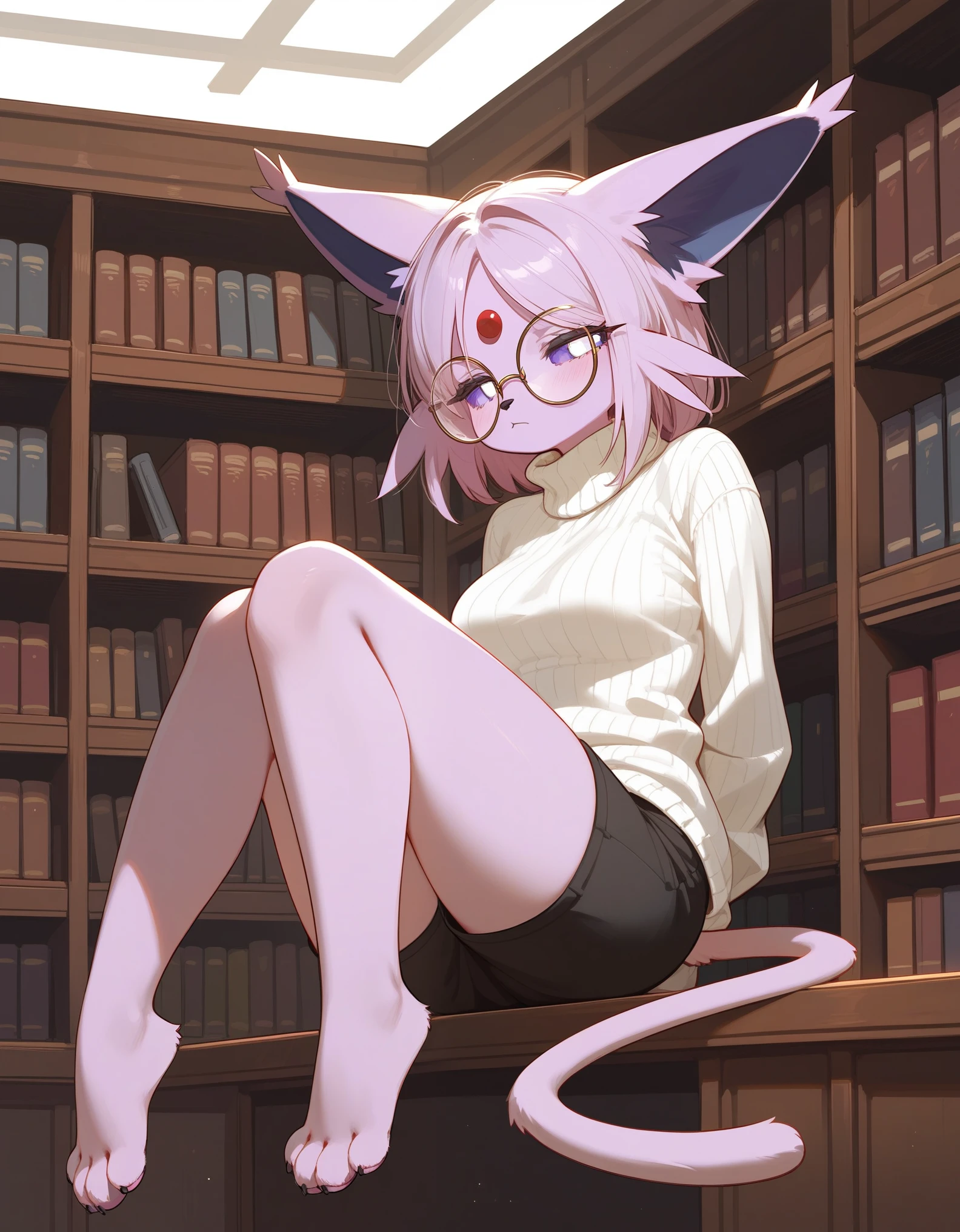 score_9,score_8_up,score_7_up, anthro furry female espeon Pokemon, espeon tail, purple sclera, white eyes, wearing white turtleneck sweater, black shorts, big round glasses, hands behind back, jitome, bored expression, serious expression, in a library, side view, looking at a shelf of books, on her tip toes, feet paws with four toes