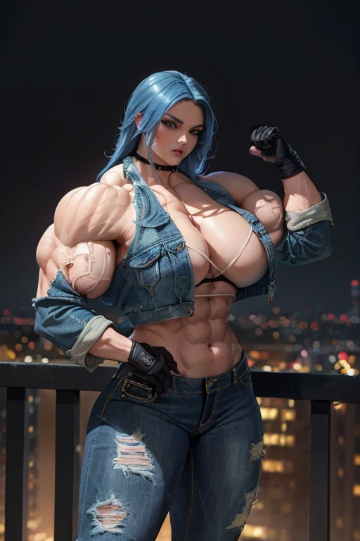 (((((Massive, beautiful, buff, pale white skinned muscular woman with Royal blue hair, ginormous bulky muscles, doing beautiful poses and wearing a black Long-sleeved cropped denim jacket with tight denim jeans))))), (close view), (massive muscles), hyper muscles, (long wavy curly hair), (((black halter top))), (black halter top), white eyes, choker, ((((cropped denim jacket)))), ((cropped denim jacket)), (gloves), gloves, black boots, (in the Darkened city), closed smile, night, ginormous muscles