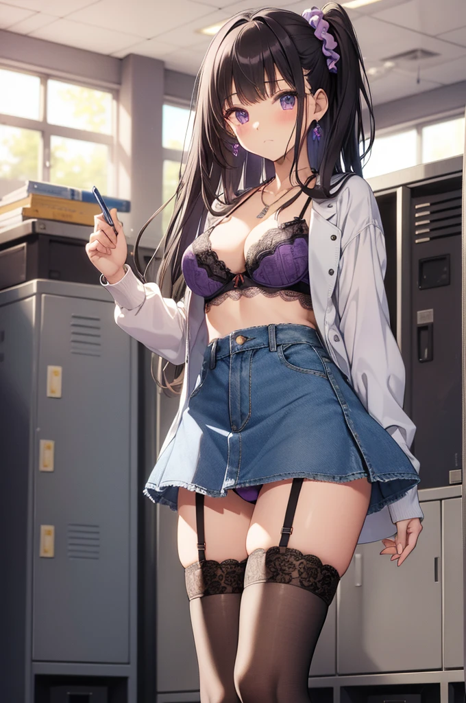 masterpiece, highest quality, pretty girl, 16 , Scrunchie hair ornament, denim pencil mini skirt, Denim flared skirt,Patterned stockings, necklace, skinny , Purple and black bra,((showing off lace panties)),Inside the locker room