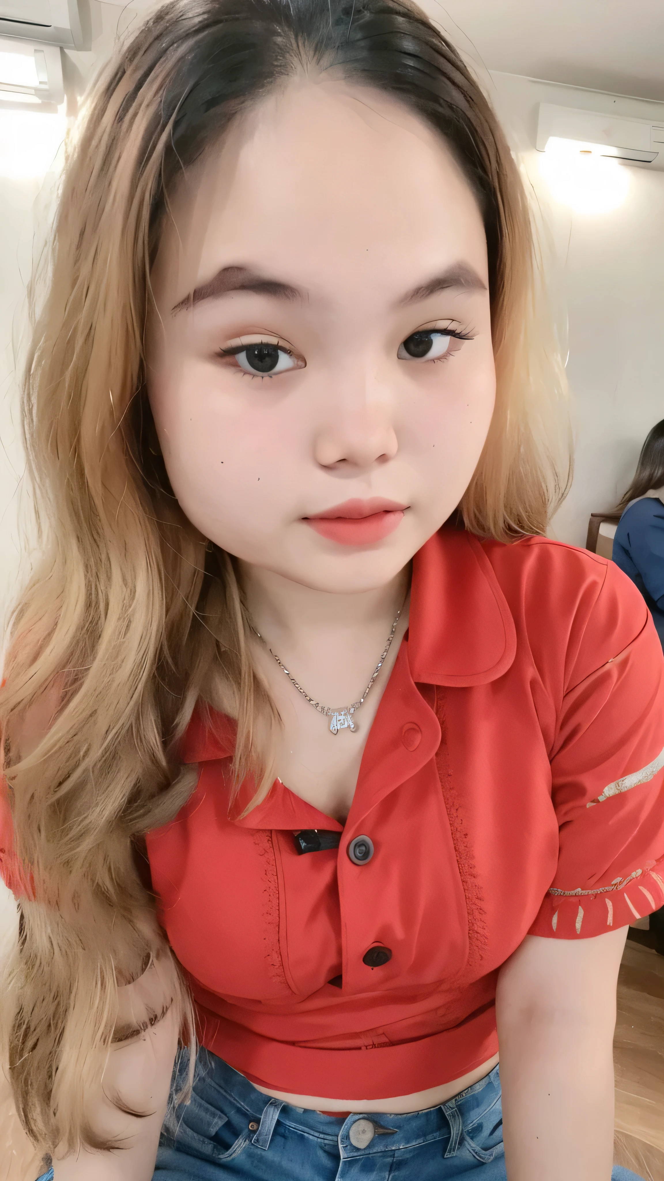 a cute girl with highly detailed eyes and face, realistic face, long brunette hair with bangs, smaller and flat chest, small waist, beautiful thighs, off-shoulders top, shorts jeans, whole body portrait, (best quality,4k,8k,highres,masterpiece:1.2),ultra-detailed,(realistic,photorealistic,photo-realistic:1.37), photography, cinematic lighting, warm colors, intricate details, dynamic pose