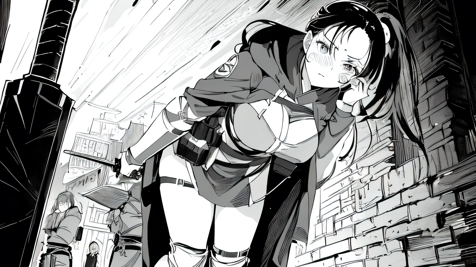 anime illustration of a woman in a cape and a hoodie, from attack on titan, female protagonist 👀 :8, black and white manga panel, a very beautiful berserker woman, in attack on titan, heavy vignette!, holding a sword on her shoulder, in berserk manga, but the armor covers her face, isekai manga panel