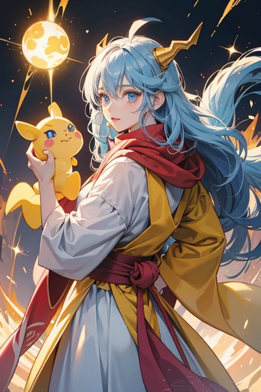 SHE has light yellow skin, pink cheeks, light blue eyes, and curly light blue hair. SHE is a single yellow-orange horn sticking on top of hER head. SHe wears a red scarf, and a yellow suit with dark spots. SHE is a ring with four blue drums attached to Pikagorotchi's back. This is a reference to Raijin, a god of thunder and lightning who appears in Japanese mythology. SPARKLE; GLITTER