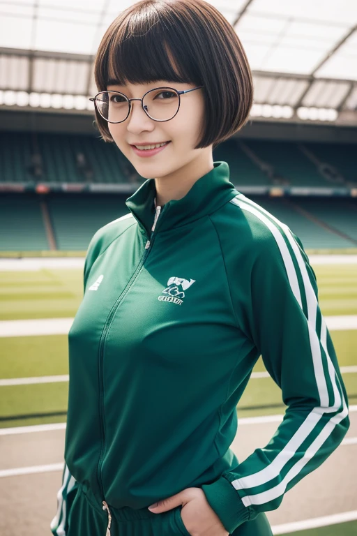 Upper Body, ((show off nipple)), at the track and field stadium, japanese lady, pale skin, droopy eyes, 20 year old, bowl cut hair, ((green Tracksuit)), ((standing)), high quality:1.3, shoot from below 2.0, Professional lighting:2.0 realistic:1.2, 4k resolution, detailed skin, masterpiece:1.1,smile,(Glasses),