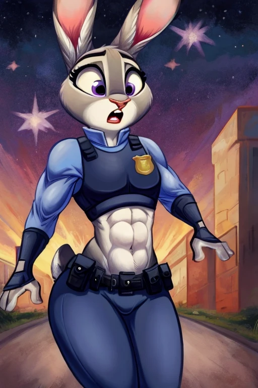 ((best quality)), ((masterpiece)), (detailed), Judy hoops with  abs wearing a crop top of her long sleeve police uniform, she has her rabbit ears sticking out, she looks shocked and horrified 