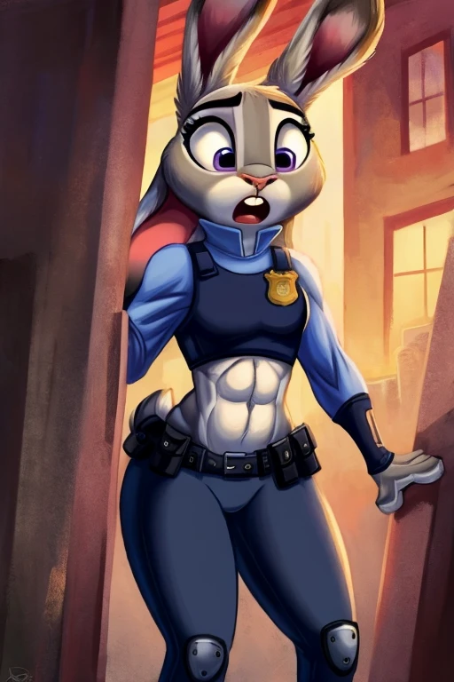 ((best quality)), ((masterpiece)), (detailed), Judy hoops with  abs wearing a crop top of her long sleeve police uniform, she has her rabbit ears sticking out, she looks shocked and horrified 